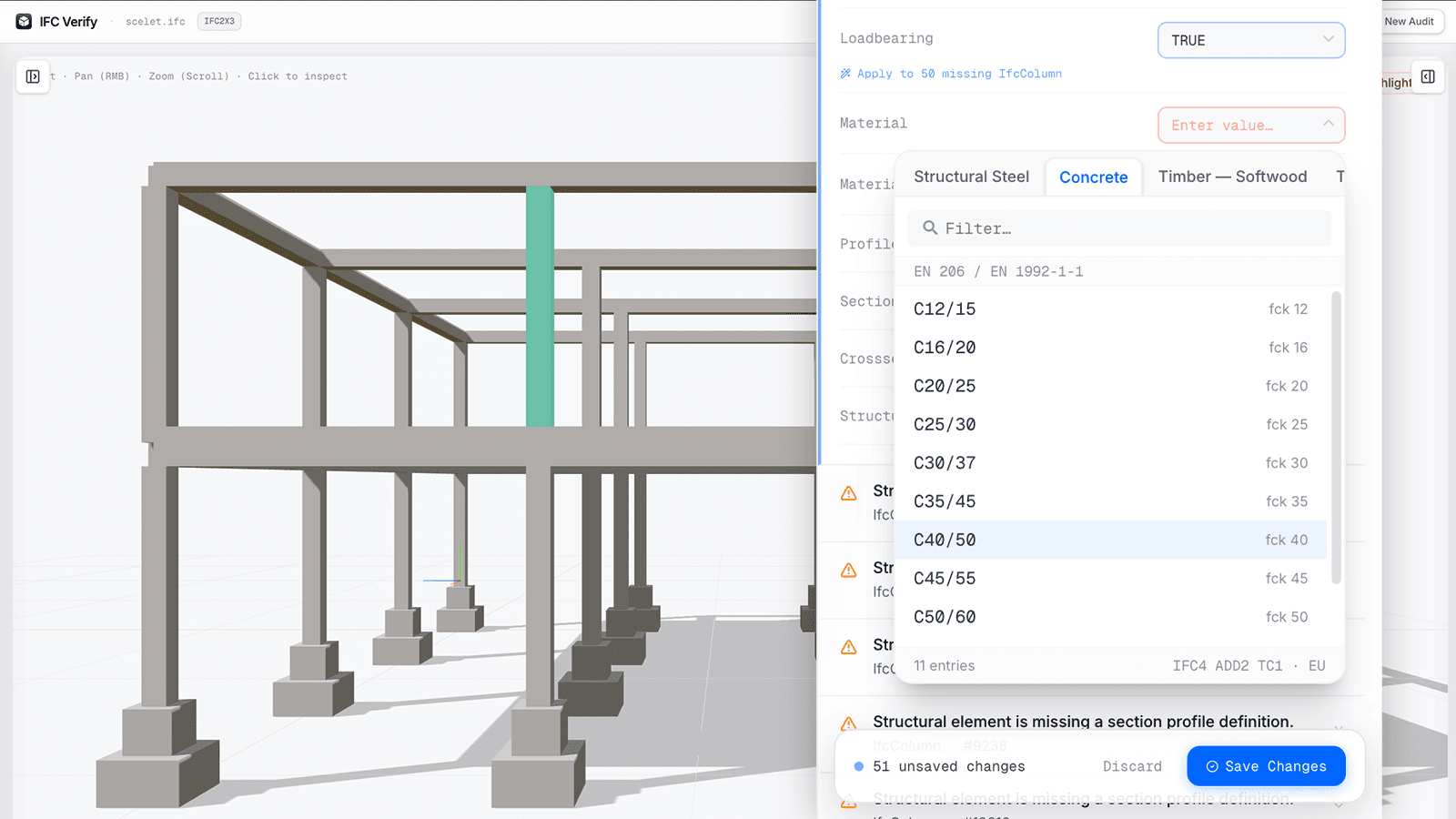 IFC Verify in-browser data editor with inline PropertySet editing, showing material and structural property fields being corrected without Revit