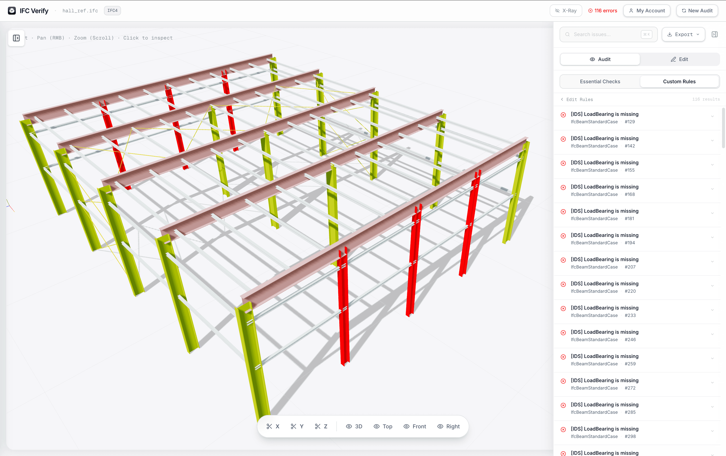 IFC Verify validation panel showing auto-flagged missing PropertySets on IfcBeam and IfcColumn elements in a steel hall structural model