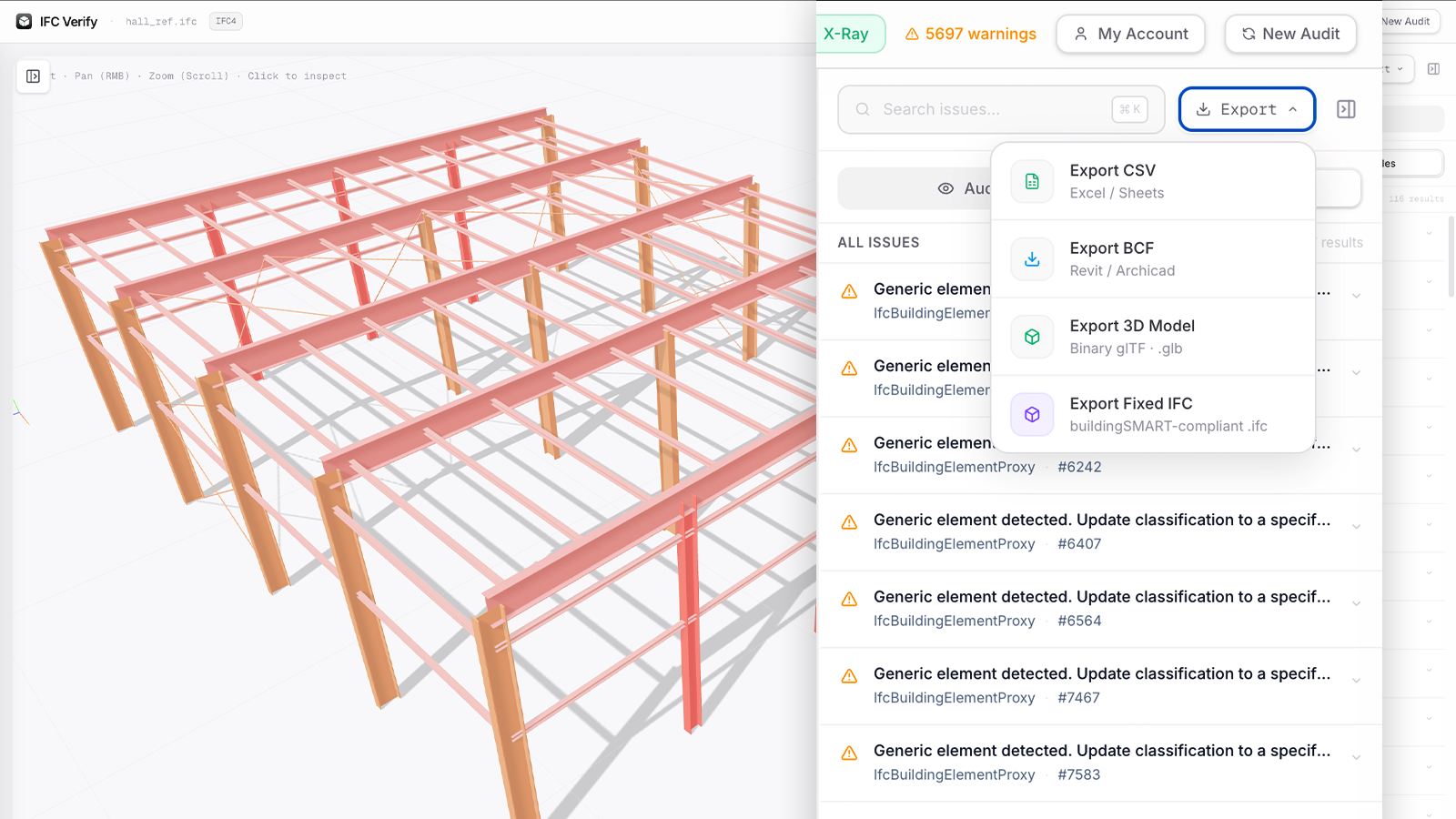 Export options in IFC Verify — CSV, BCF for Revit and Archicad, GLB, and a buildingSMART-compliant IFC